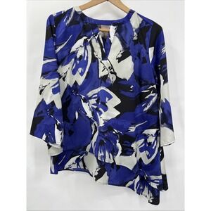 Women's L Blouse Blue Floral Assymetrical Layers Abstract Water Beach Cruisewear